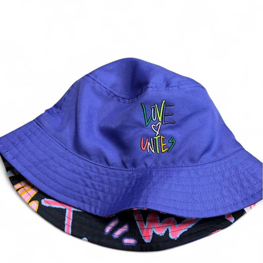 Purple Adidas bucket hat with 'LOVE UNITES' graphic
